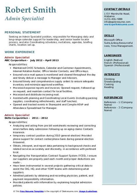 Admin Specialist Resume Samples Qwikresume