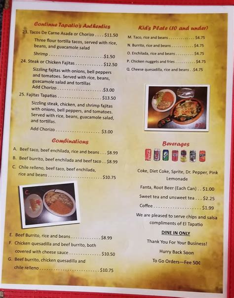 Menu at El Tapatio Mexican Restaurant, Cantonment