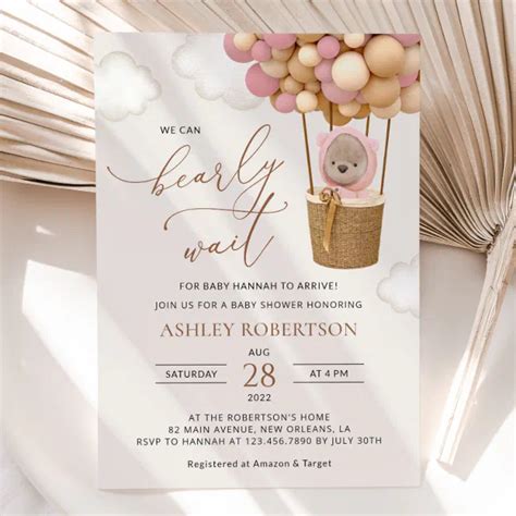 Bear Pink Balloons Hot Air Balloon Baby Shower Invitation Zazzle