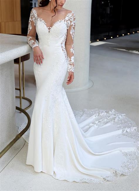 Trumpet Mermaid Illusion Neck Long Sleeves Lace Elastic Satin Wedding