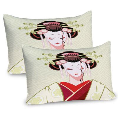 Ambesonne Japanese Pillow Sham Pack Geisha Woman Portrait Green Red