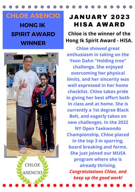 Hong Ik Martial Arts Spirit Award January Winner Of Tarrytown