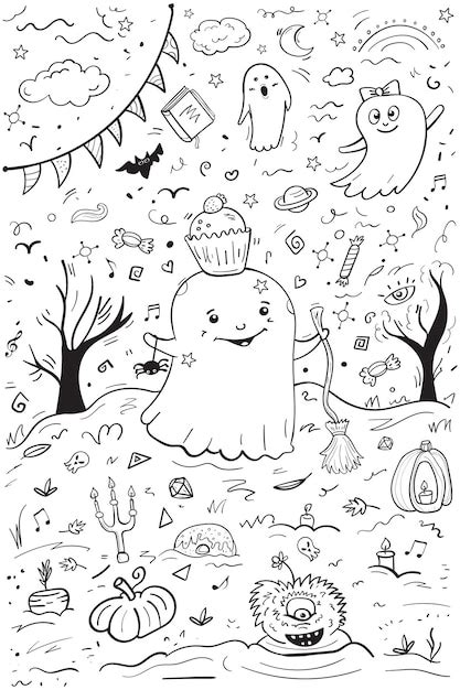 Premium Vector Funny Doodle Ghost In Autumn Forest Cheerful Halloween