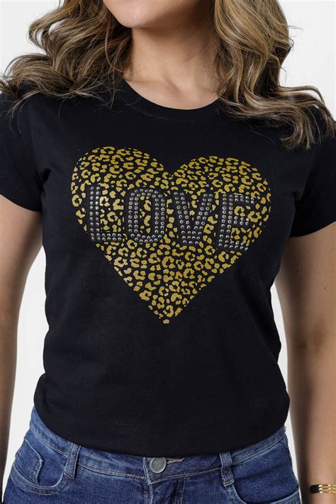 T Shirt Coracao Onca Love Strass Preto Atacado Tshirt Use Criativa