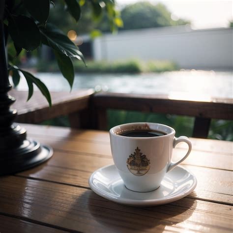 Premium AI Image A Cup Of Coffee Sits On A Table Next To A Potted Plant