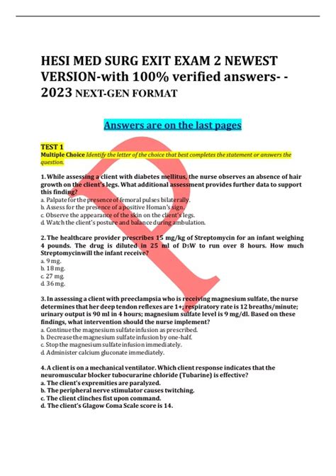 Hesi Med Surg Exit Exam 2 Newest Version With 100 Verified Answers