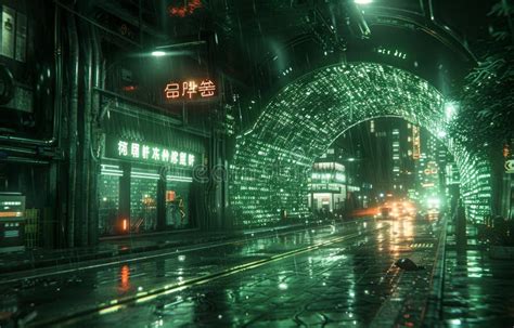 Futuristic Neonlit City Street At Night With Reflections On Wet