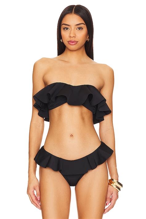 Milly Cabana Solid Ruffle Bandeau Bikini Top In Black Revolve