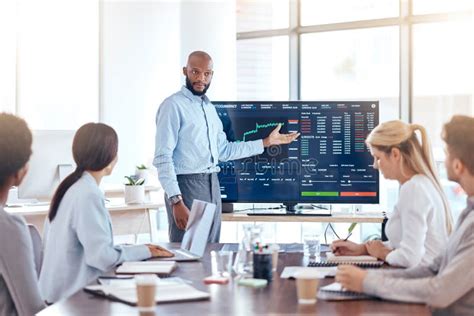 Black Man Trading Coach And Screen With Stock Market Dashboard