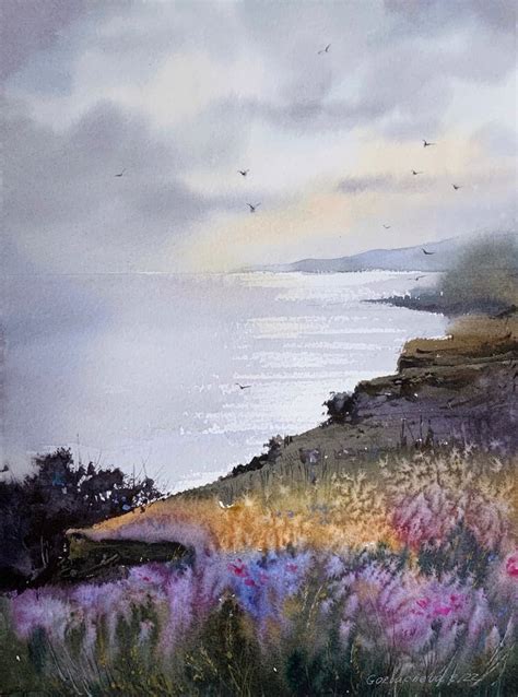 Flowers And Sea Cyprus Watercolour By Eugenia Gorbacheva