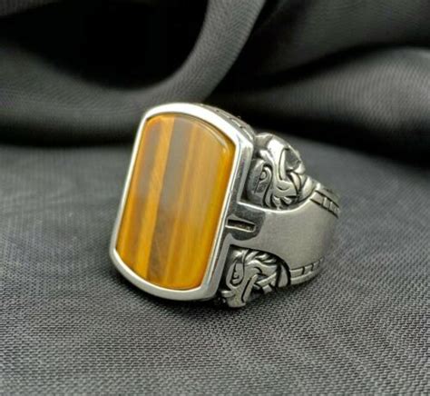 925 Sterling Silver Tiger S Eye Stone Mens Ring Double Eagle Head