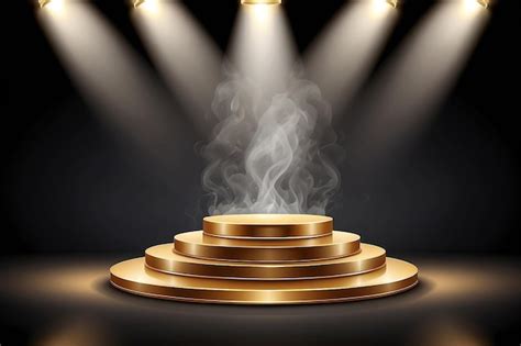 Podium dorado en fondo oscuro con humo Pedestal vacío para la ceremonia