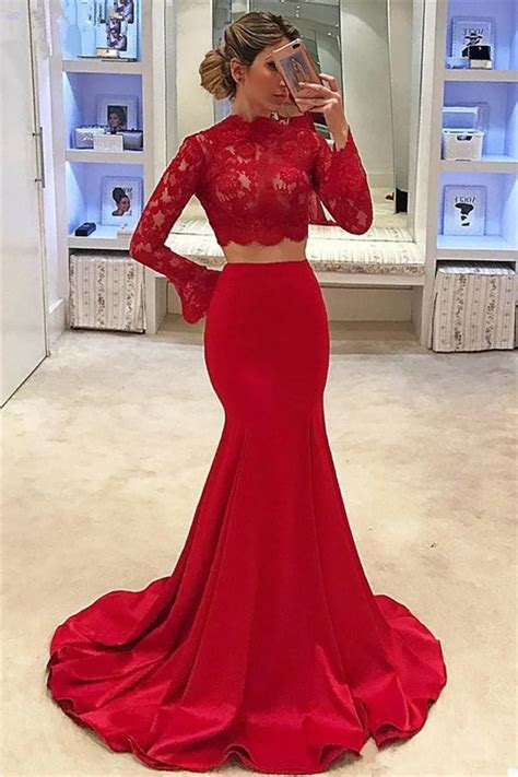 Red Two Piece Mermaid Evening Dress 2018 African Cheap Long Sleeve High