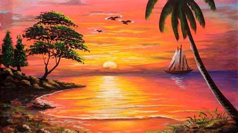 Sunset seascape nature drawing painting | nature scenery drawing and painting tutorial step by ...