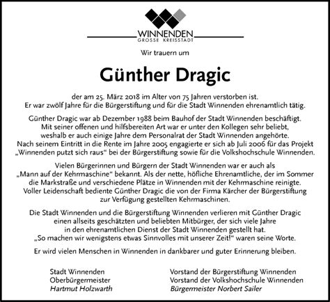 Traueranzeigen von Günther Dragic ZVW Trauer