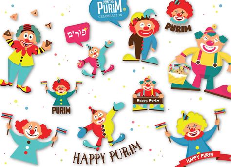 Purim Clowns Clip Art Purim Digital Set Greeting Cards Purim Tags