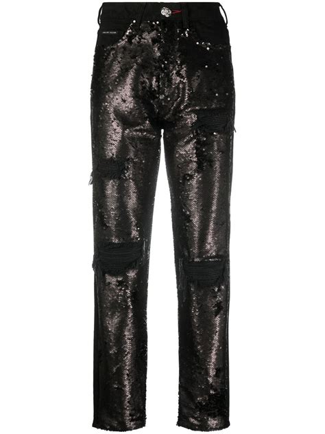 Philipp Plein Sequin Embellished High Waisted Jeans Black Farfetch Uk