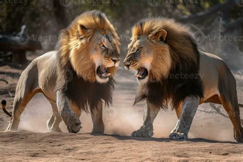 Two strong male lions fighting created with generative AI technology ...