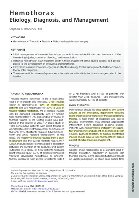 (PDF) Hemothorax Etiology, Diagnosis, and Management