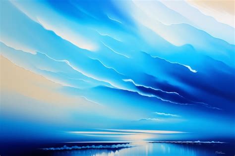 Una Pintura De Una Playa Con Un Cielo Azul Y Nubes Foto Premium