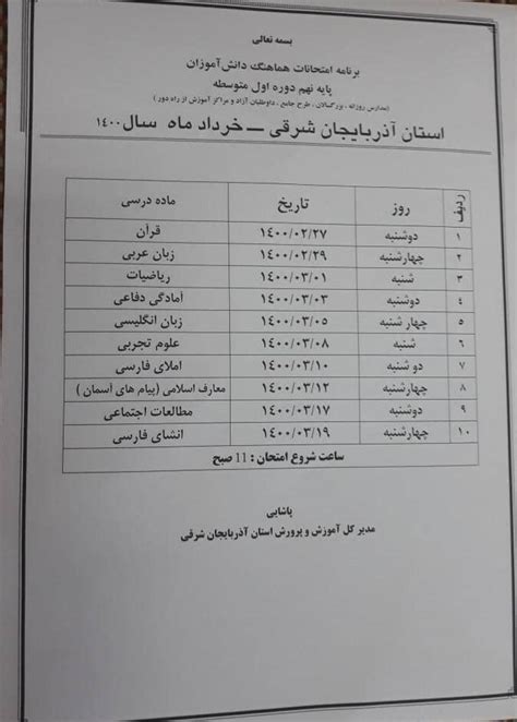 برنامه امتحان نهایی خرداد ۱۴۰۰ پایه نهم آکادمی زبان سلکت