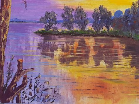 Sunset Painting Lake Artwork Original Art Tree Painting Summer | Etsy