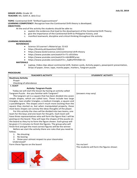 Lesson Plan On Continental Drift