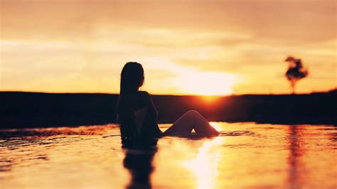 Wallpaper Sunlight Women Sunset Sea Water Reflection Shadow