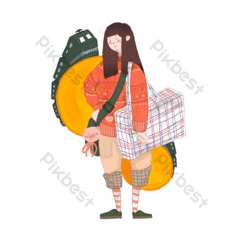 Spring Festival Characters And Luggage Illustration PNG Images | PSD ...