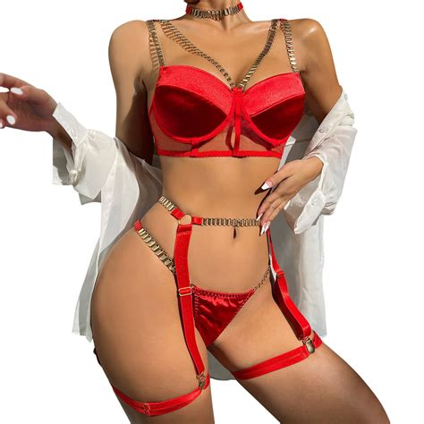 Xzhgs Lingerie Set See Through Metal Chainthree Piece Suit