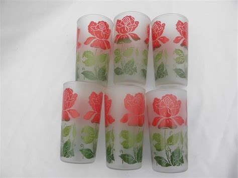 Red Roses Vintage Frosted Glass Drinking Glasses Set Of 6 Retro Swanky