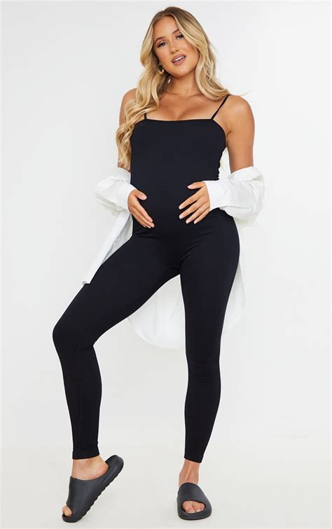 Maternity Black Contour Ribbed Strappy Jumpsuit Prettylittlething Usa