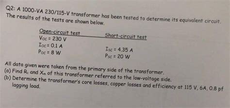 Solved Q A Va V Transformer Has Been Tested Chegg