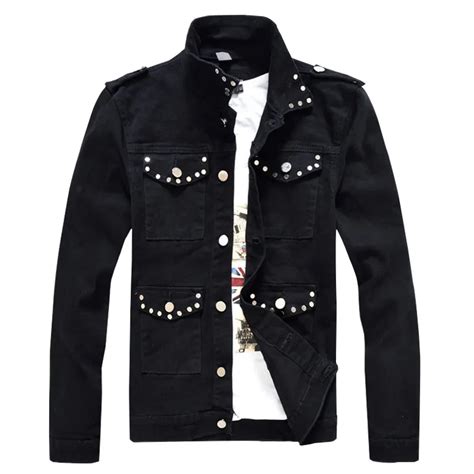 Moruancle New Mens Punk Style Denim Jacket With Rivet Fashion Black