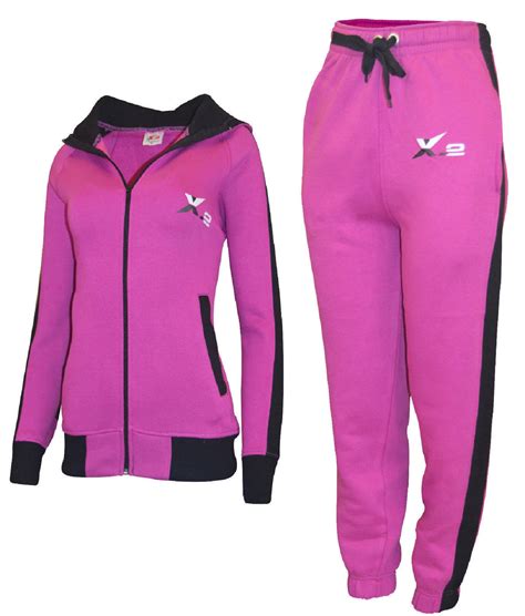 X 2 Women Warm Athletic Set Fleece Tracksuit With Hooded Top Purple Xl