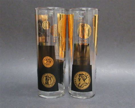 Vintage Black And Gold Coin Mid Century Tom Collins Glasses Etsy