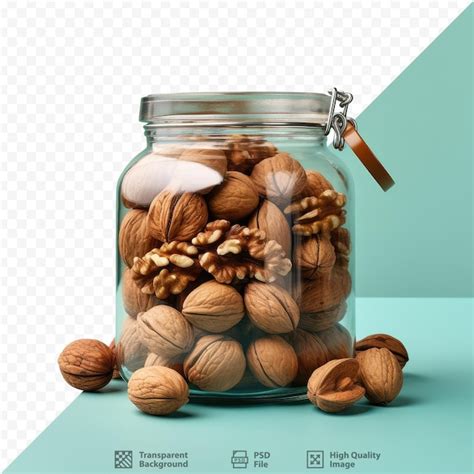 Fondo Transparente Sostiene Un Frasco De Vidrio Con Nueces Archivo