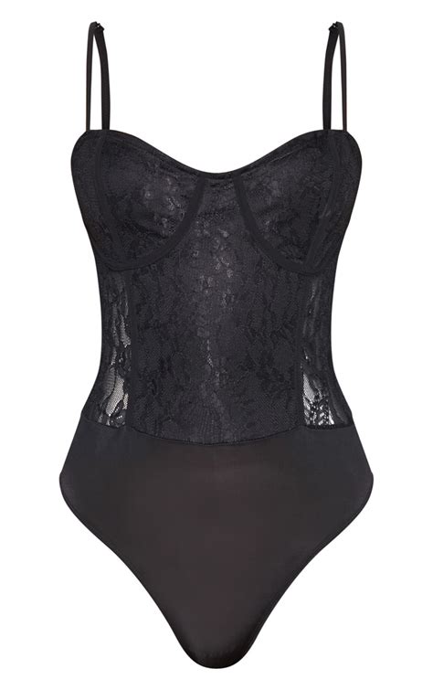 Black Lace Cup Bodysuit Tops Prettylittlething Usa