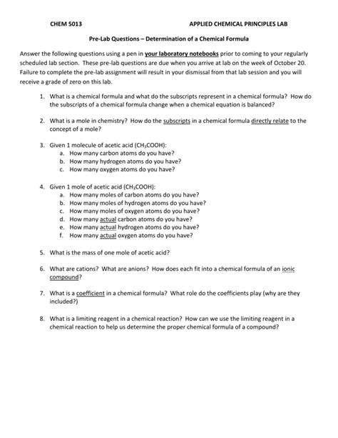 Pre Lab Questions For Week 8 Determination Of A Chemical Formula