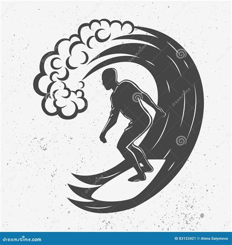 Vintage Logo Men Surfing On Big Wave Surfboard Surf Logotype Stock