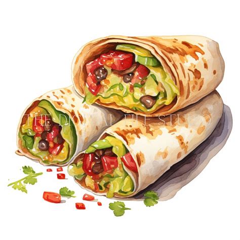 12 Watercolor Burritos Clipart PNGJPGPDF Burritos Digital Images Burritos Graphics Watercolor ...