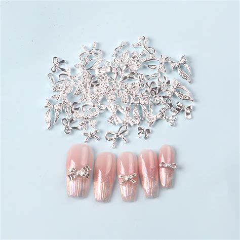 50pcs Bag 3d Silver Gold Bow Shaped Nail Charms Metal Alloy Nail Art