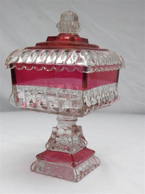 Vintage Indiana Glass Ruby Red Flash Covered Square Pedestal Compote Candy Dish Centerpiece