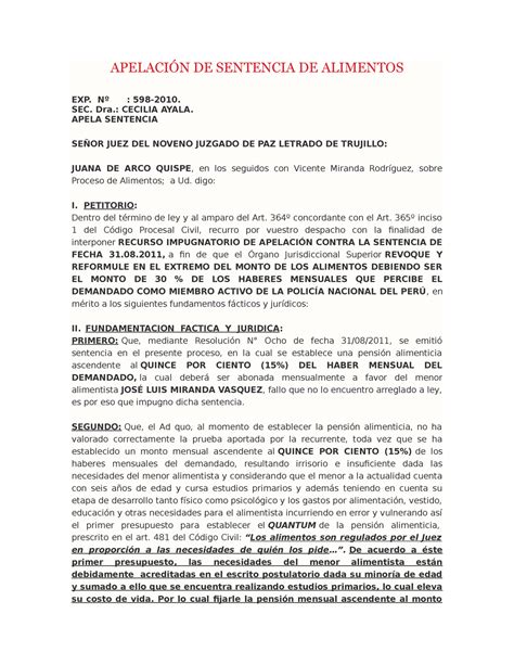 Apelación De Sentencia De Alimentos ApelaciÓn De Sentencia De Alimentos Exp Nº 598 2010