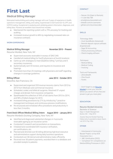 Medical Billing Resume Examples For Resume Worded