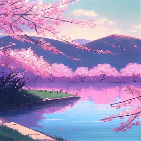 Japanese Cherry Blossom Trees And Lake Landscape