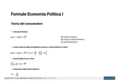 Formule Teoria Consumatore Formule Economia Politica I Teoria Del