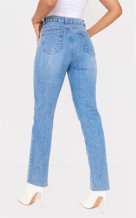 Mid Blue Wash Ripped Straight Leg Jeans Prettylittlething Usa