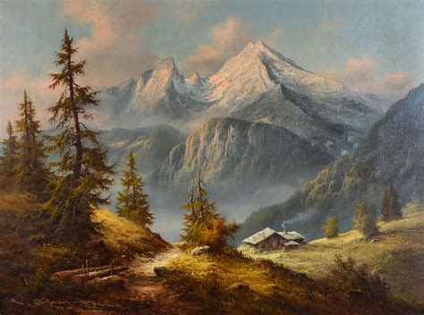 Muninger Ludwig Panoramic Summer Alpine Landscape Scene With Cabins