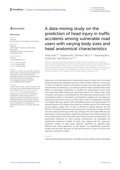 PDF A Data Mining Study On The Prediction Of Head Injury In Traffic